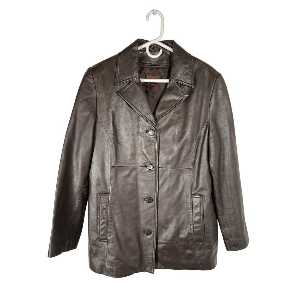 Danier Brown Leather Car Coat Jacket Zip Out Liner Professional Minimalist Large